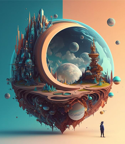 An AI generated image of worlds within worlds and a human figure on the outside