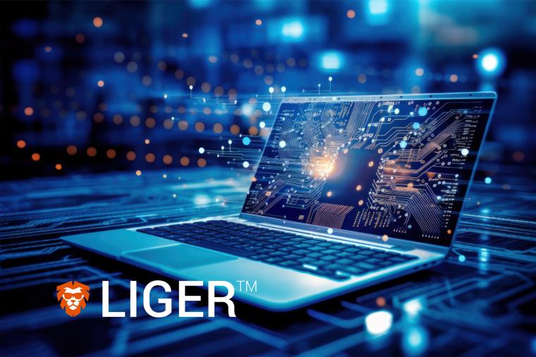 LIGER trademarked logo over an image of a laptop