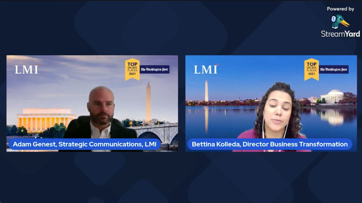 LinkedIn Live Event screenshot of Adam Genest, Strategic Communications, L M I and Bettina Kolleda, Director Business Transformation