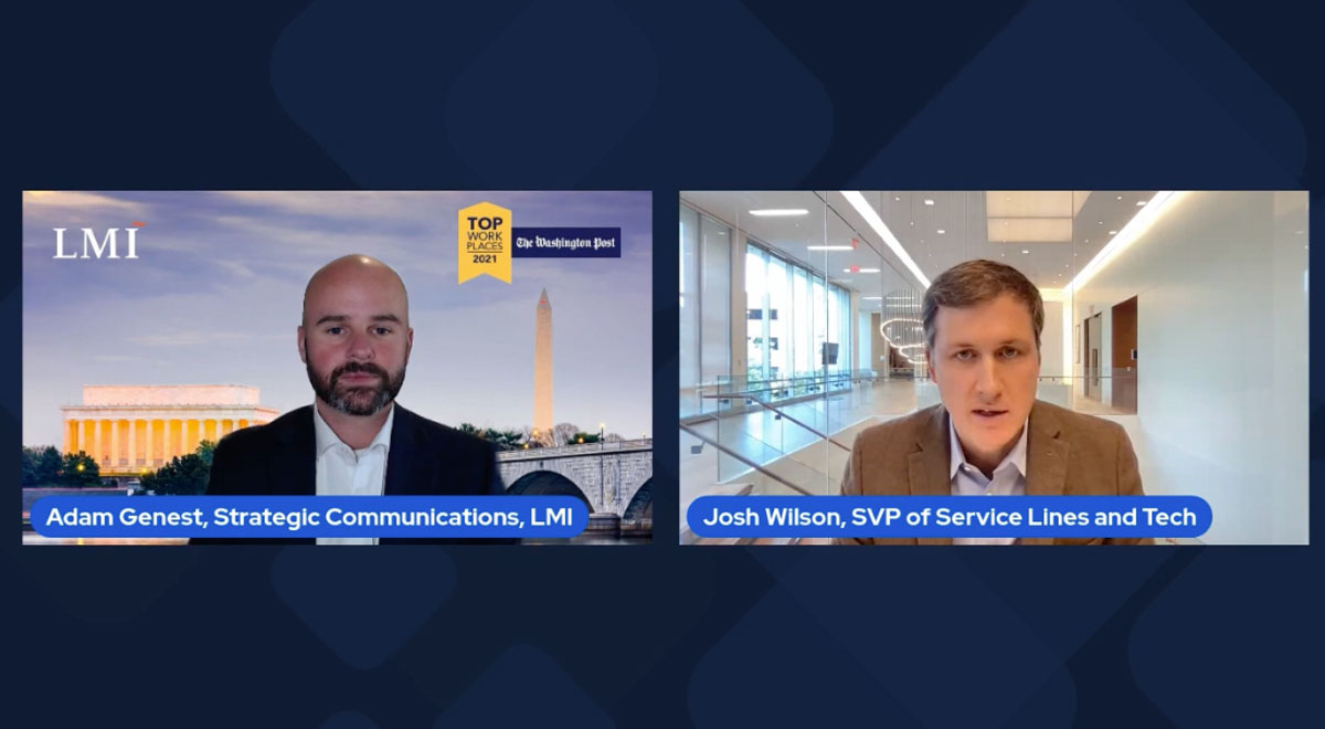 LinkedIn Live Event screenshot of Adam Genest, Strategic Communications, L M I and Josh Wilson, S V P of Service Lines and Tech