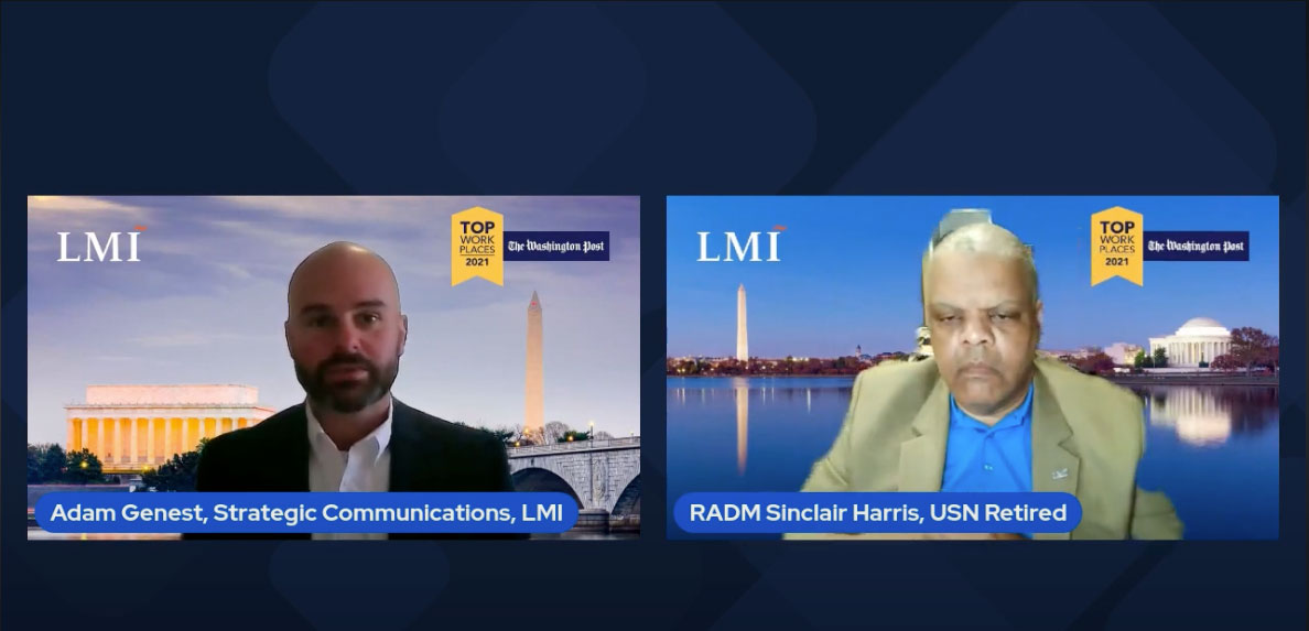 LinkedIn Live Event screenshot of Adam Genest, Strategic Communications, L M I and R A D M Sinclair Harris, U S N Retired