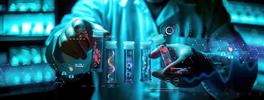 scientist holding medical testing tubes or vials of medical pharmaceutical research with blood cells and virus cure using DNA genome sequencing biotechnology