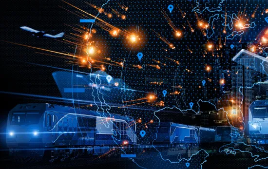 outline of US map with an overlay of a cargo ship, an airplane, and a train 