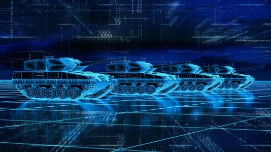 Wireframe of military equipment with data overlay