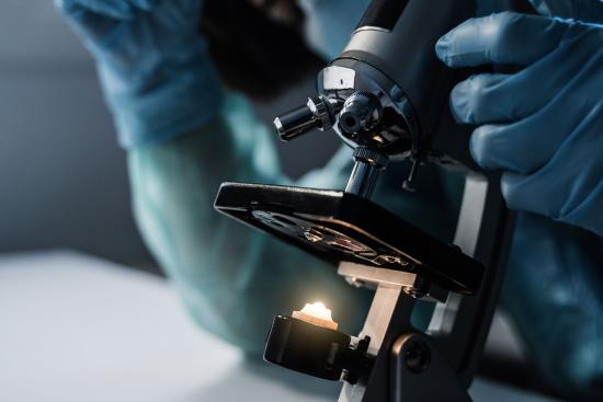 close up microscope in use by a person wearing gloves