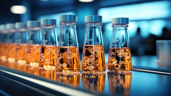 Flask test tubes with chemical laboratory tests stand on a glass table